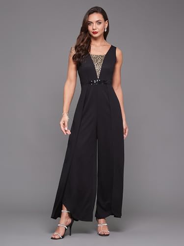 Image of Miss Chase Women's Halter Neck Sleeveless Solid Wide Leg Sequin Paneled Regular Length Jumpsuit