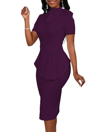 Image of WanMem Women Formal Bodycon Peplum Cocktail Dress Short Sleeve Bow Ruffle Pencil Party Midi Dresses