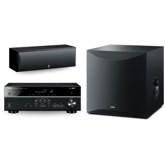 YAMAHA RX-V385 5.1-Channel 4K Ultra HD AV Receiver with NS-SW100BL 10' 100W Powered Subwoofer, Black and NS-C210BL Center Channel Speaker, Black