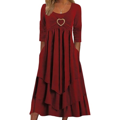 Akivide Womens Fall Dresses for Wedding Guest, Casual Plus Size Cute Heart Long Sleeve Tiered Maxi Dress with Pockets