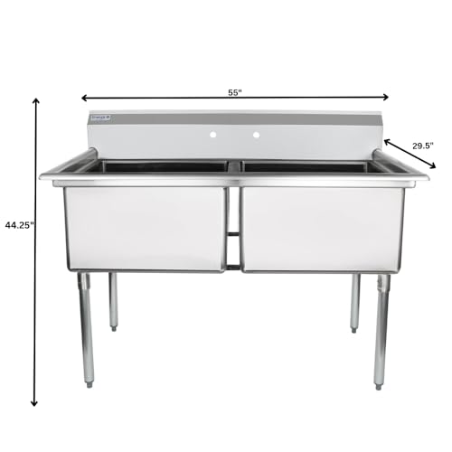 Image of EMPURA 55 inch Wide Stainless Steel Two Compartment Commercial Sink | Prep Utility 24 x 24 Bowl for Restaurant Laundry Garage | 3.5 inch Drain Basket, 9.75 inch Backsplash, 55 inchW x 29.5 inchD x 44.25 inchH, 18 Gauge, NSF