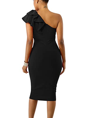 Mokoru Women's Sexy Ruffle One Shoulder Bodycon Elegant Cocktail Party Midi Dresses3