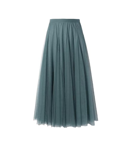 BrightGlow Langer Maxi-Tüllrock Damen A-Linie Midi Rock Unterrock Lagenrock Faltenrock Damen-Tüllrock mit hoher Taille Bühnenkleid Mesh Tutu Röcke für Hochzeit Party Blau XXL