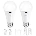 Powfloven Rechargeable Light Bulbs with Remote Control and USB Charging; Dimmable Battery Operated Light Bulb with 3 Colors and 4 Timer; A19 Wireless Light Bulbs for Wall Sconce Not-Hardwired, 2 Pack
