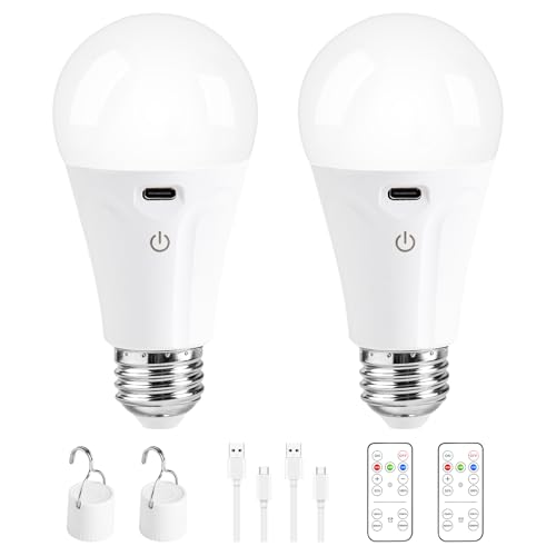 Powfloven Rechargeable Light Bulbs with Remote and USB Charging 3 Colors Dimmable Battery Operated Light Bulb with 4 Timer A19 Wireless Light Bulbs for Wall Sconce Not-Hardwired 2 Pack