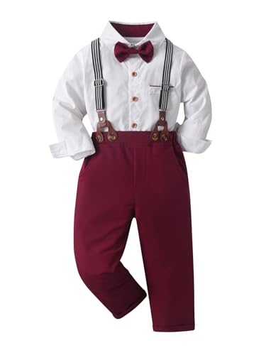 Image of Boarnseorl Baby Boys Pants Sets, Infant Long Sleeve Shirt + Pants + Bow Tie + Suspenders Outfits
