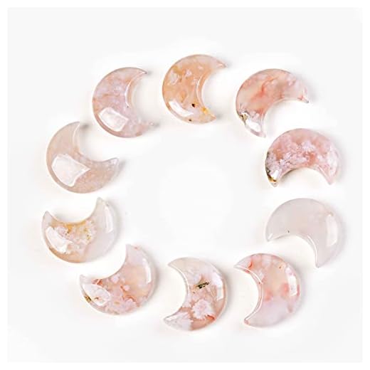 JIC Gem 10PC Crescent Moon Shaped Sakura Agate Quartz Crystal Set Flower Agate Pocket Stone,Bulk Carved Crystals Set Jewelry Making Home Decor Gifts