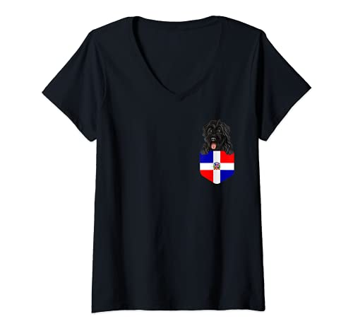 Womens Dominican Republic Flag Bouvier des Flandres Dog In Pocket V-Neck T-Shirt, Black