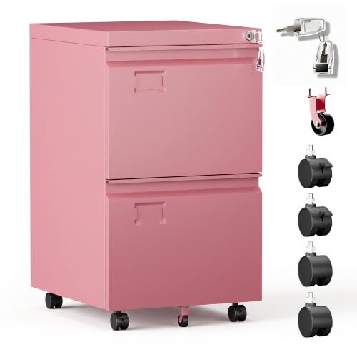Image of Aobabo Pink 2 Drawer Metal File Cabinet with Lock and 5 Wheels | Rolling under-desk cabinet for Letter and Legal files; 5 casters, lock, steel construction, and required assembly.