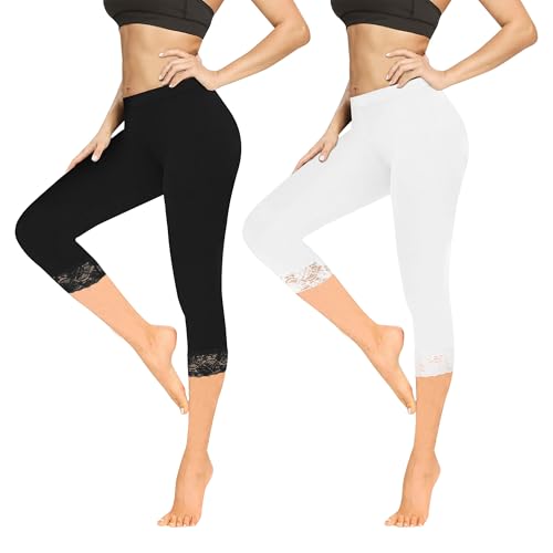 Geyuwoz Lot de 2 Leggings Femme 3/4 Taille Haute Capri Leggins Opaque Capri Pantalon d'été Coton Leggings avec Dentelle Pantalon de Sport Leggins 7/8 pour...
