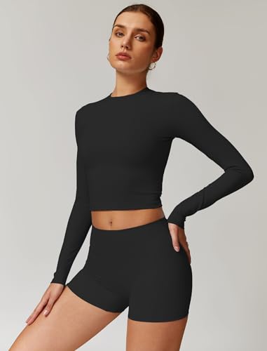 Womens Workout Sets Two Piece Long Sleeve Top Matching High Waist Shorts Sets Fall Winter Gym Work Out Clothes4