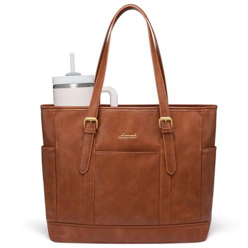 LOVEVOOK Laptop Tote Bag for Women,Vintage Leather Work Tote Bag for Women, 15.6 Inch Computer Briefcase Bag,Waterproof Teacher Business Office