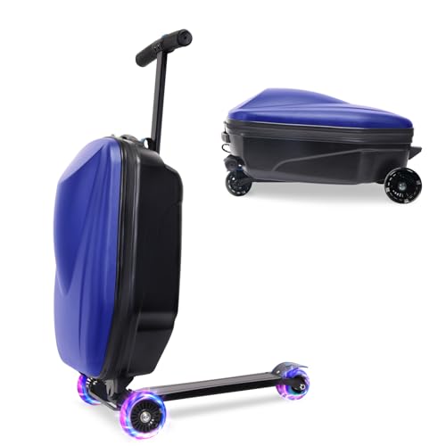 GHSY Maleta para patinete de 20 pulgadas para niños, equipaje de paseo 2 en 1 con ruedas para niños y niñas de 4 a 15 años, maleta de viaje ligera y plegable para avión, Azul, Con LED