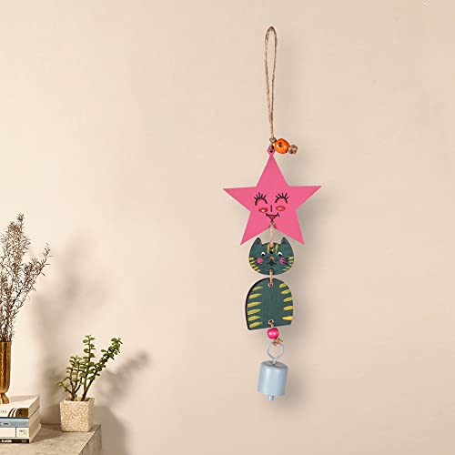 Image of Aakriti Art Creations Green Kitty Wind Chime Multicolor | Handmade Modern Art Wooden & Metal Wind Chime | Matte Decorative Wind Chimes for Balcony, Garden, Living Room & Gifting