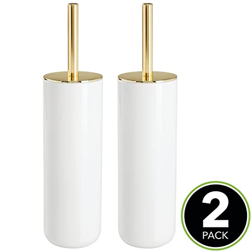 Mdesign Compact Freestanding Plastic Toilet Bowl Brush And Holder For Bathroom Storage - Plastic And Stainless Steel - Sturdy, Deep Cleaning - 2 Pack - White/Gold #TOP1