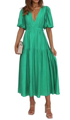 2025 Women Summer Short Sleeve V Neck Long Dress Casual Solid Color High Waisted Tiered A-Line Wedding Guest Dresses