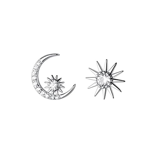 Reffeer Solid 925 Sterling Silver CZ Moon Star Earrings Stud for Women Teens Moon Sun Studs Earrings Asymmetric