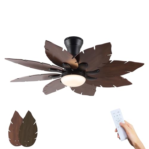 52 Palm Leaf Ceiling Fans with Lights Handmade Wooden Dual Fan Blades Tropical Ceiling Fans with Remote 22W 3 Color LED Light DC Reversible Motor Low Profile Ceiling Fan for Patio Living room