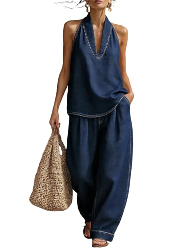Best Boots and Jeans Sets for Rodeo Events - Style Guide 13 myzgx Women's Summer 2 Piece Denim Set Backless Halter Vest Top Wide Leg Barrel Jeans Two Piece Casual Outfits (Medium, Dark Blue)