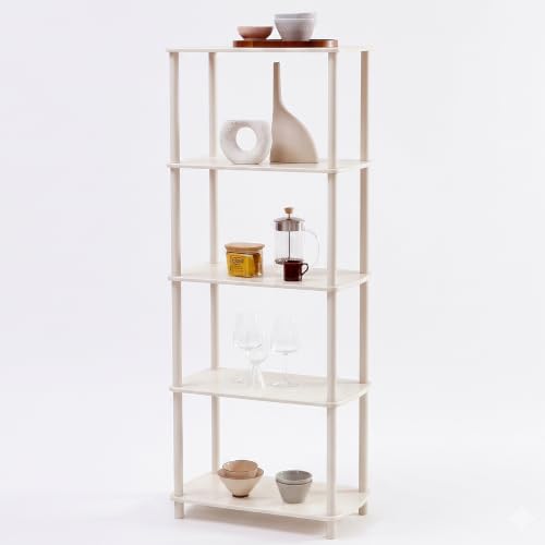 TRES BELLE 5-Tier Storage Shelves, Modern Open Display Bookshelf, Toolless Assembly Wood & Metal Shelving Unit, Multipurpose Storage Organizer Rack for Living Room, Bedroom, Home Office, Ivory by TRES BELLE - Used condition - US$42.46