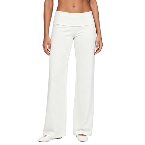 Women Wide Leg Foldover Pants Y2K Loose Fit Bell-Bottomed Lounge Pants Fold-Over Flare Yoga Gym Outdoor Pants (White S)