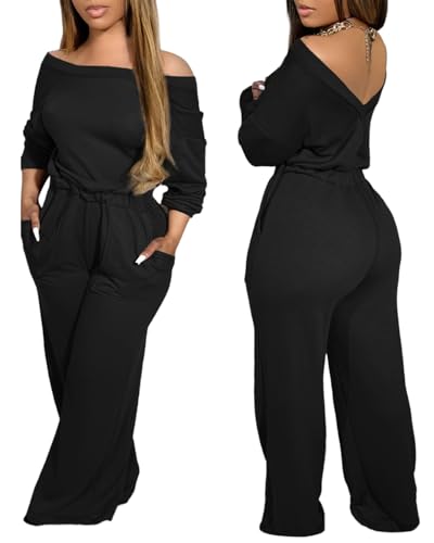 CHICME Off Shoulder Jumpsuits for Women Long Sleeve Wide Leg Dressy Overalls (Black, M)