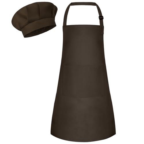 Bouiexye Ensemble tablier et toque de chef pour enfants Tablier pour enfants réglable avec 2 poches Jeu de chef pour enfants pour la cuisine et la pâtisserie, marron, 18 x 24 inches