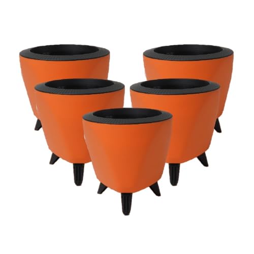 Image of Garden Art (Pack of 5 Indoor Outdoor Self Watering Planter Home Living Room Office Tabletop Decorative Plastic Flower Pot 5.1 Inch (Orange, 5) PPLAO