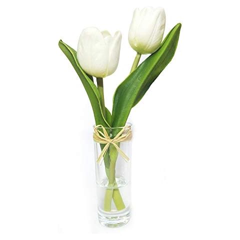 EBUYOM Mini Artificial Flowers Tulips Bouquet in Glass Vase, Home Decor Ornament Wedding Decoration (White) Cover