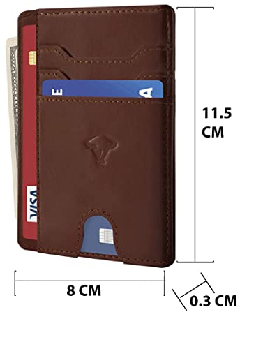 Image of Contacts Genuine Leather Slim Wallet | RFID Blocking Skinny Minimal Thin Front Pocket Wallet Sleeve Card Holder for Men | Up to 7 Card Slots Including 1 ID Window (Brown)