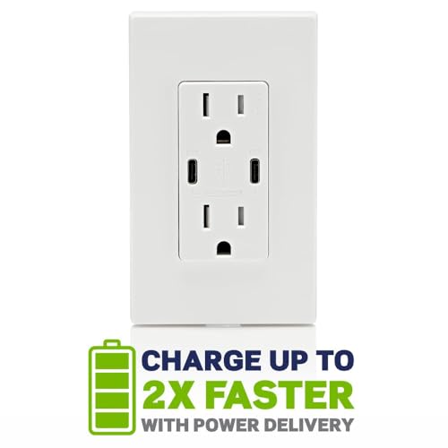 Leviton 60W (6A) USB Dual Type-C/C Power Delivery in-Wall Charger with 15A Tamper-Resistant Outlet, USB Charger for Smartphones, Tablets, Laptops, T5636-0BW, White by Leviton - Image 2