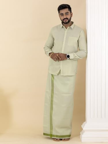 Image of RAMRAJ COTTON Men Gold Tissue Jacquard Full Sleeves Shirt with Matching Dhoti Set