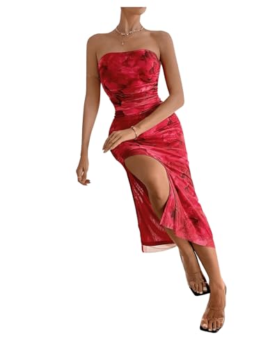 Image of GORGLITTER Women's Floral Strapless Bodycon Wedding Guest Dress Vacation Summer Birthday Tropical Maxi Long Sun Dresses Red Large