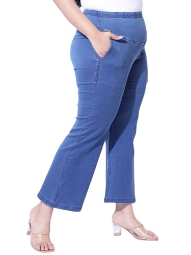 Image of AMYDUS Plus Size Women Tummy Shaper Bell Bottom Jeans | High-Waist | Stretchable | Wide Waistband | 2 Pockets | Cloud Soft Fabric | Tummy Tucker Jeggings for Women - L to 9 XL Black