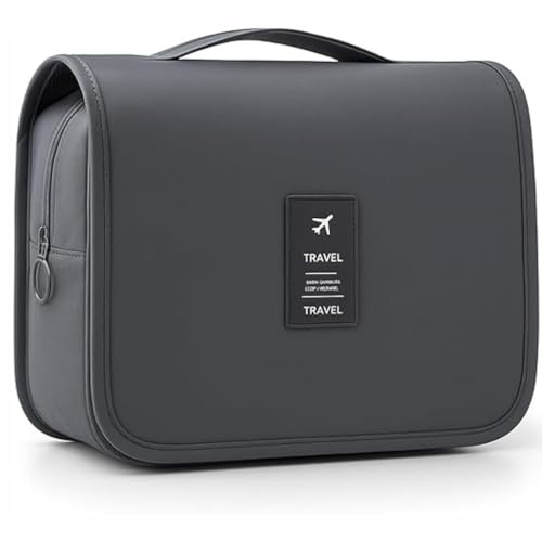 Bolsa Necessaire Maquiagem Cosméticos Viagem Com Divisória e Cabide para Pendurar Organizador de Maquiagem Shampoo Perfumes Higiene Pessoal (Cinza)