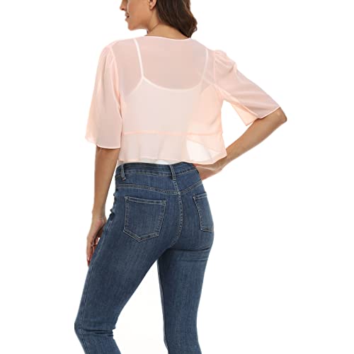 Peiqi Women's Chiffon Sheer Shrug Open Front Pleated Flowy Half Sleeve Cropped Bolero Cardigan Apricot #TOP1