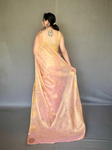 Image of SWORNOF Gold-Toned Woven Design Silk Zari Tissue Saree | Saree for Women | Soft and Skin Friendly