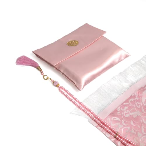 ABDEEZ Gift Set with Velvet Pouch, Turkish Design Prayer Mat, Decorative Beads | Premium Islamic Gift for Ramadan, Eid, and Weddings (Pink)