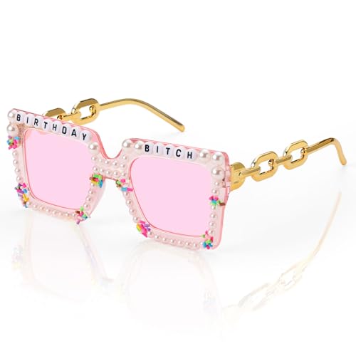 Etercycle Pink Sunglasses, Birthday Glasses for Women, Square Happy Birthday Party Sunglasses Cute Birthday Gifts Sun Glasses