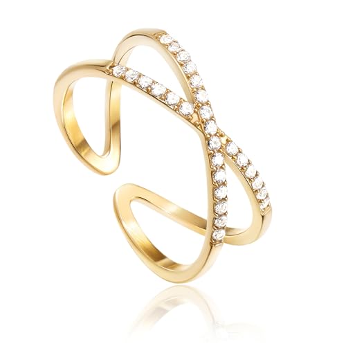 Poxtex Gold Engagement Rings for Women, Travel Wedding Promise Rings for Her, Unique Cheap Fake Diamond Eternity Band Jewelry Size 7