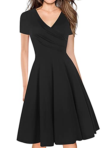 Oxiuly Women's Casual Criss-Cross Necklines Short Sleeve Work Business Swing Summer Tea Dress Ox288 (Black Solid, Xl) #TOP28