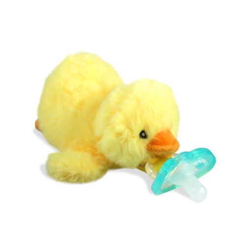 Image of RaZbaby Duck RaZbuddy Stuffed Animal Pacifier Holder for Newborns & Up, Made in The USA, Detachable Orthodontic JollyPop Pacifier, Medical-Grade 100% BPA-Free Silicone, Baby Shower -0 Months+