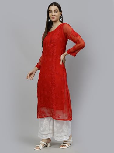 Image of Seva Chikan Hand Embroidered Lucknowi Chikankari Georgette Kurta with Inner Slip for Women SCL4431