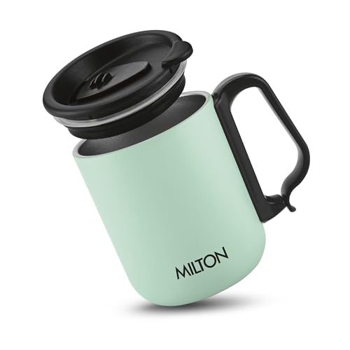 Image of MILTON Harbor Coffee Mug 300 Double Walled Non - Insulated | 300 ml Inner Stainless Steel Tea Mug with Lid & Handle | Hot & Cold | Coffee Mug Travel Tea Cup | Black Coffee | Tea Cup Single |Mint Green