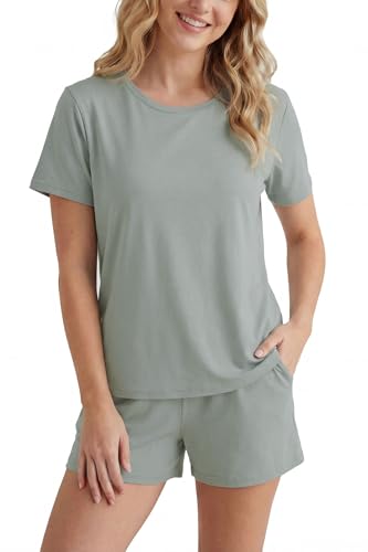 Image of LUBOT Womens Bamboo Viscose Pajamas for Women PJ Set 2 Piece Soft Cooling Short Sleeve Capri Pants Summer Sleepwear Set S-XXL