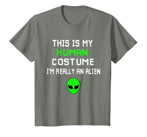 Weird Funny This is My Human Costume I'm Really an Alien T-Shirt, Youth, Olive Heather, Small