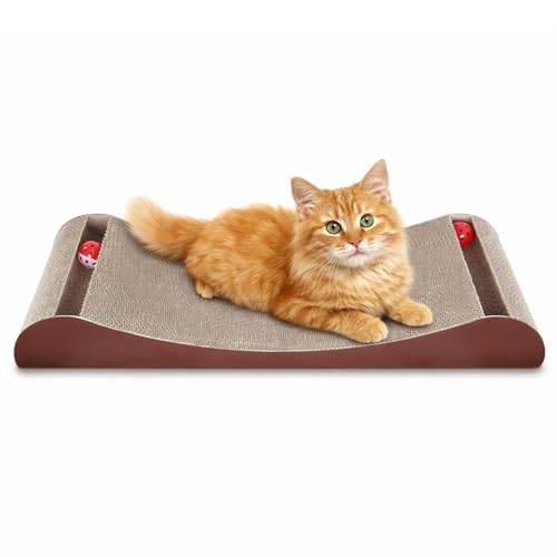Simple Deluxe Cat Scratcher Cardboard Lounge Bed with Bell Ball Toy, 30 Inches Large Horizontal Cat Scratcher Pad, 100% Recyclable & Reversible Durable Cardboard Scratching Board for Indoor Cats