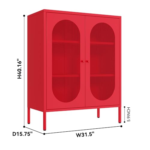 LYMOUYEE 3 Tier Metal Accent Storage Cabinet for Bedroom, Living Room,Bedside, Office,Kitchen,Entryway,Hallway-Sideboard Buffet Cabient with 2 Adjustable Shelves-2 Mesh Door Locker Cabinet(red)