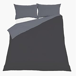 Brentfords Plain Dye Duvet Cover with Pillowcase Non-Iron Reversible Bedding Set - Black Grey - Single