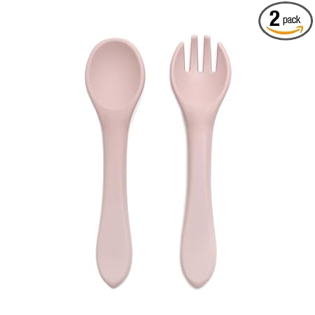 KIDS STATION 2pcs Food Grade Silicone, BPA-Free & Microwave Safe Baby Feeding Spoon and Fork, Training Feeding Spoon & Fork Set, (Pink)